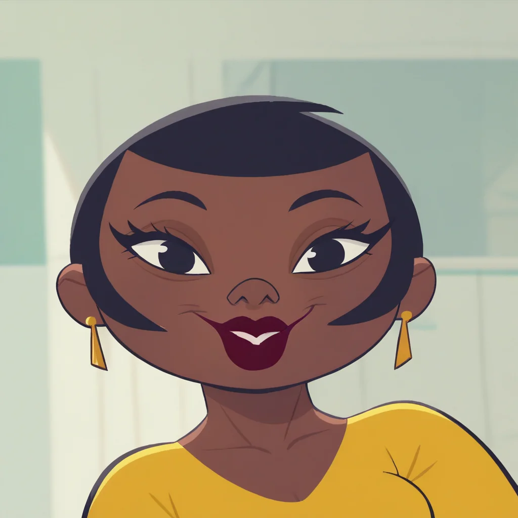 score_9_up, score_8_up, BREAK, ChristineBluestone, 1girl, solo, black hair, short hair, black eyes, dark skin, lipstick, earrings, yellow dress, upper body, <lora:ChristineBluestone_PXL_Leaf1:1>, looking at viewer,