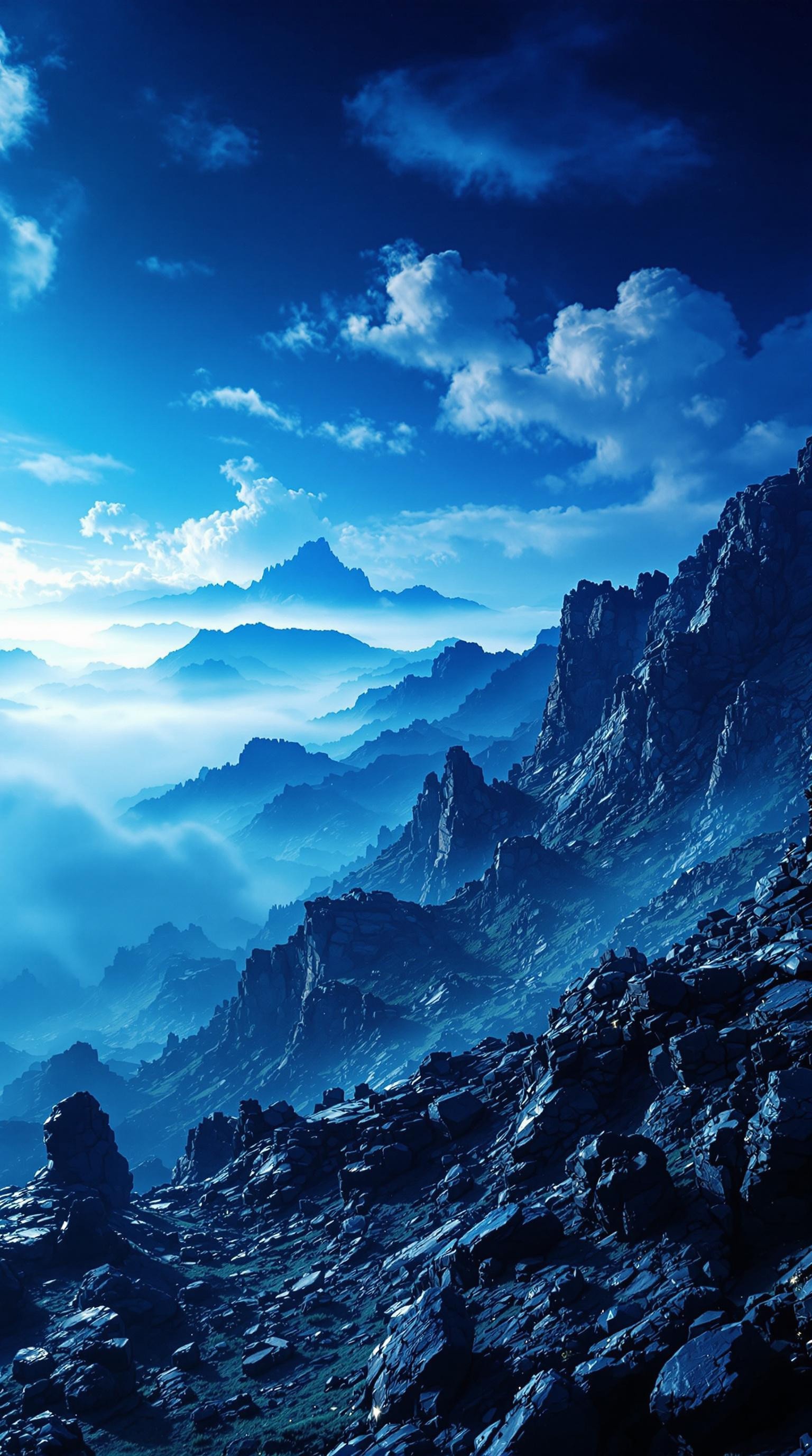 Immerse in a breathtakingly beautiful landscape: a vibrant blue-hued horizon stretches across the frame, fading into an atmospheric haze. Unusual dark colors, such as deep indigo and rich charcoal, punctuate the scene with dramatic flair. Cinematic lighting casts long shadows, emphasizing the fine details of the terrain. Film grain adds texture to the image, while superb composition guides the viewer's eye through the masterpiece. Maximum detail is achieved in every element, from the rugged terrain to the wispy clouds, creating an unparalleled level of visual mastery.
