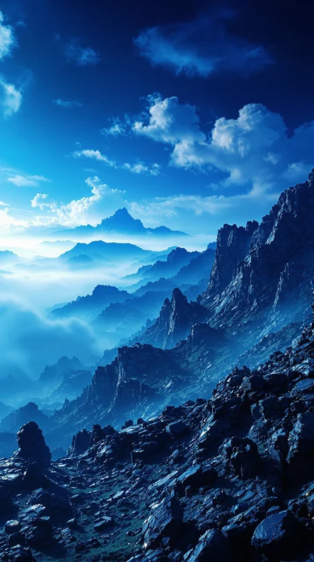 Immerse in a breathtakingly beautiful landscape: a vibrant blue-hued horizon stretches across the frame, fading into an atmospheric haze. Unusual dark colors, such as deep indigo and rich charcoal, punctuate the scene with dramatic flair. Cinematic lighting casts long shadows, emphasizing the fine details of the terrain. Film grain adds texture to the image, while superb composition guides the viewer's eye through the masterpiece. Maximum detail is achieved in every element, from the rugged terrain to the wispy clouds, creating an unparalleled level of visual mastery.