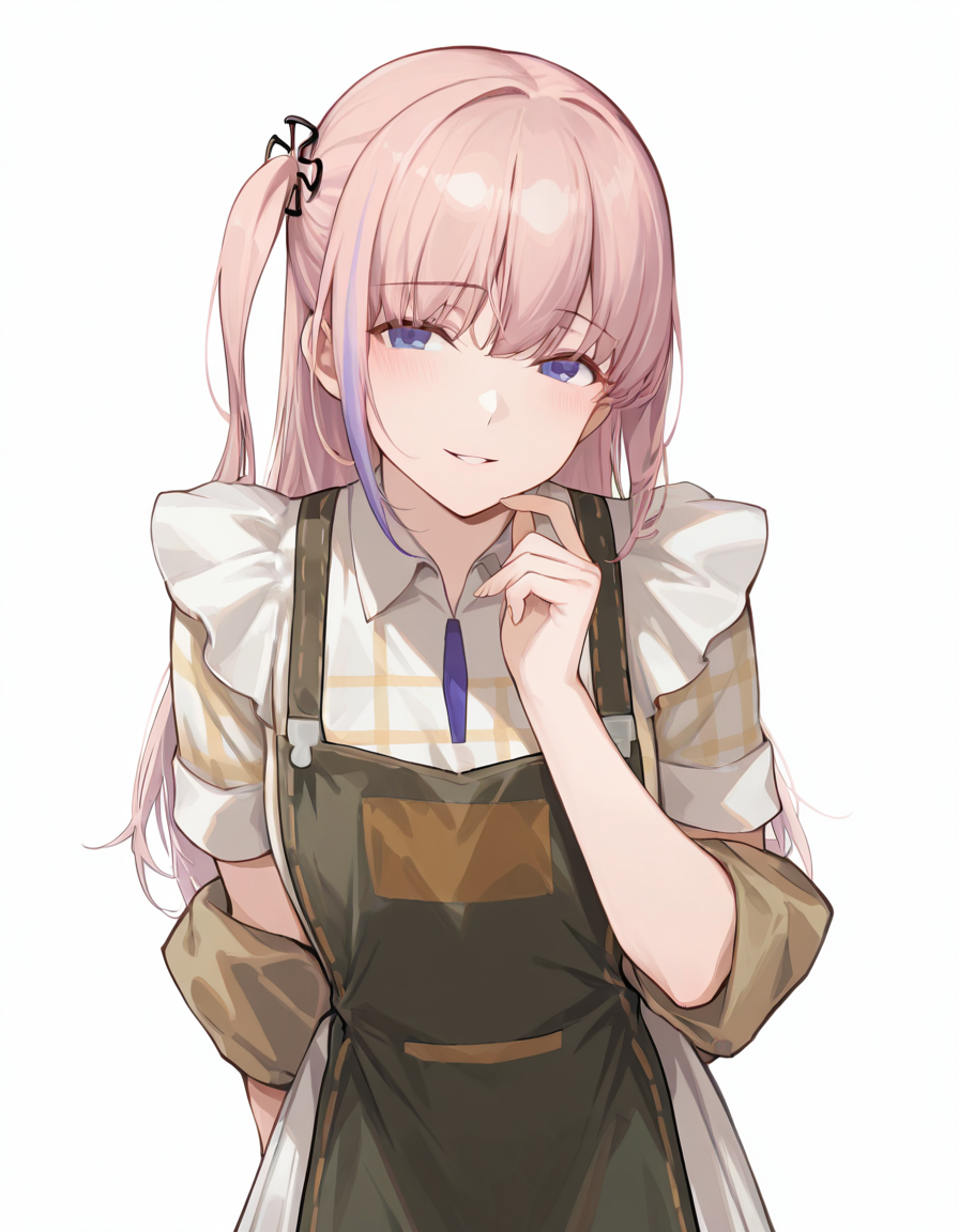 Volumetric Lighting, (masterpiece), (best quality), (ultra-detailed), masterpiece, source_anime, score_9, score_8_up, score_7_up BREAK, illustration, disheveled hair, detailed eyes, perfect composition, moist skin, intricate details, detailed eyes, detailed face, detailed fingers BREAK, blue eyes, pink hair, one side up,streaked hair,long hair BREAK, OwlLatte, OwL_shirt,OwL_off-shoulder_jacket, OwL_apron, AR15_hair_ornament, OwL_skirt, BREAK, ((white background)), looking at viewer, smile, ((hand up)), parted lips,standing, from side
