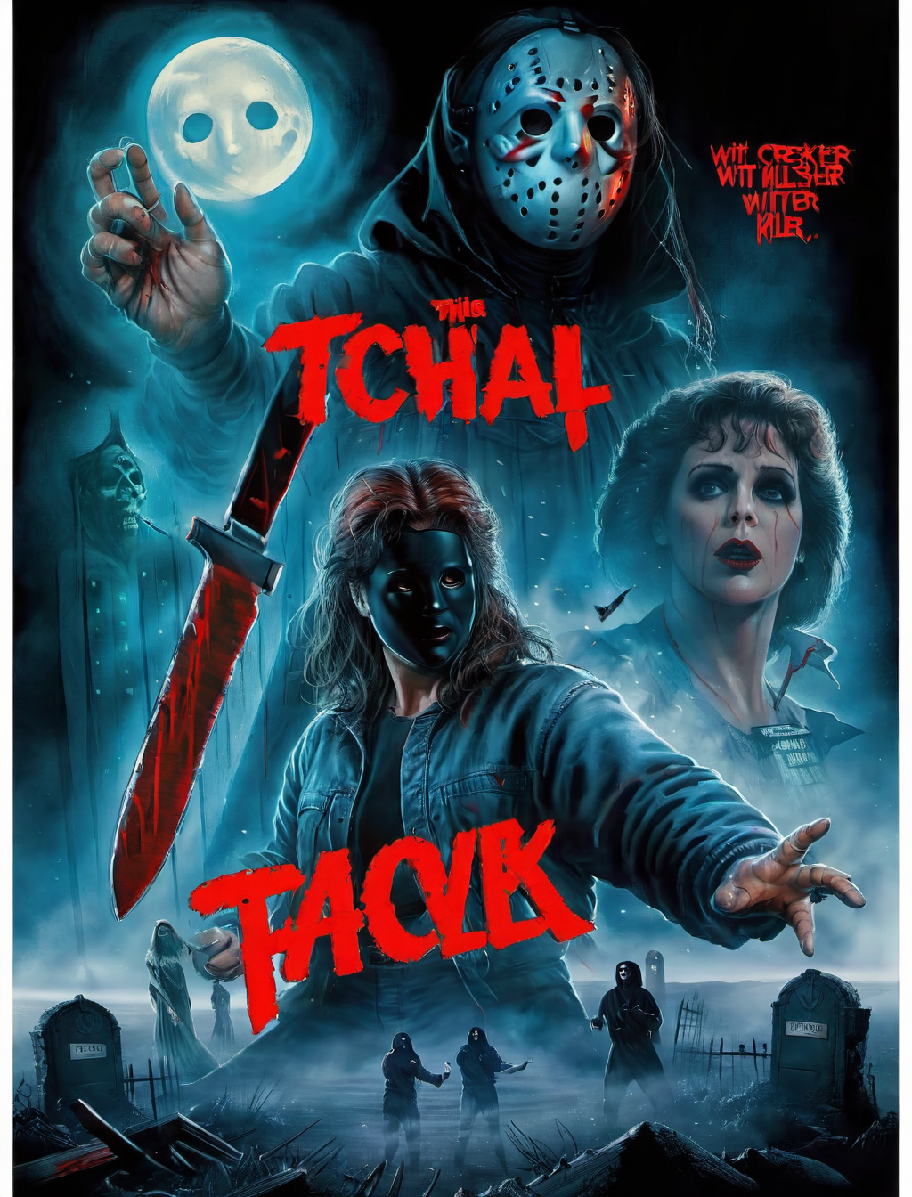 Horror-themed 80s-inspired horror movie poster, emphasizing the iconic cyan adn red palette of that era's cinema. Incorporate atmospheric elements such as the moon, fog, and mist to set the mood. Feature ((creepy slasher killer with mask:2)), Use retro fonts for a fictional movie title, and complement it with taglines or quotes that evoke '80s horror
, <lora:80s_horror_poster_style-000009:1>, (masterpiece, best quality),ultra-detailed,add-detail-xl, DetailedEyes_V3, . Eerie, unsettling, dark, spooky, suspenseful, grim, highly detailed