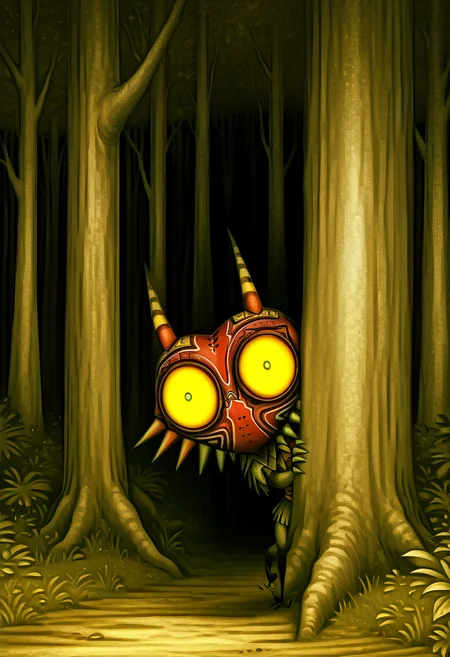 masterpiece, best quality,    <lora:NightmareDex_IXL:1.5>,   zzMajora, spikes, yellow sclera, solo, 1boy, horns, glowing eyes, grass, nature, forest, peeking out, hiding, ,<lora:MajoraZeldaIXL_v2:0.7>,