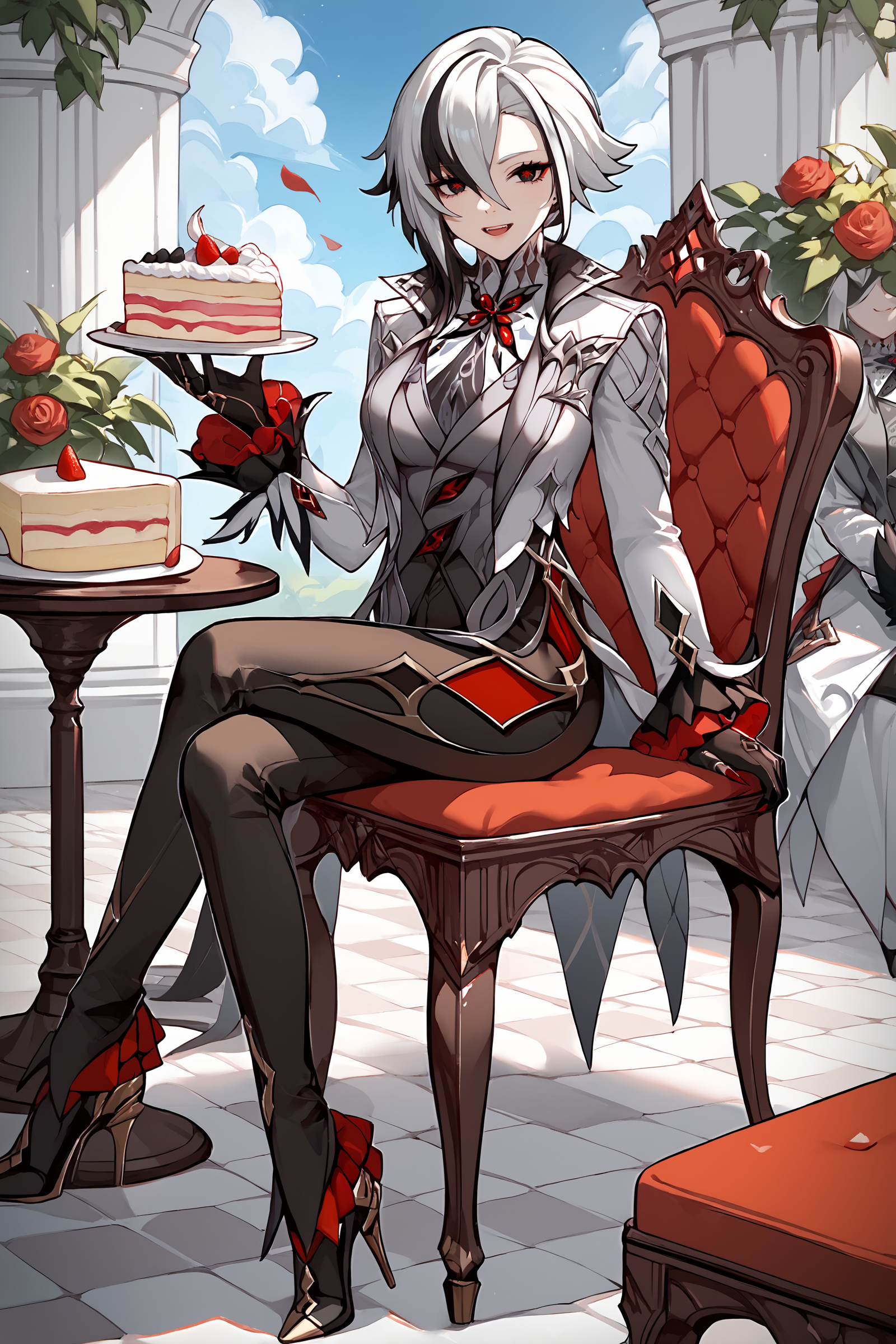 score_9, score_8_up, score_7_up, source_anime , 1girl, arlecchino \(genshin impact\), black gloves, grey tailcoat, black pants, grey vest, grey shirt, high heels, looking at viewer, evil smile, looking at viewer, sitting, full body, chair, table, cake, garden, outdoor, depth of field  <lora:Expressive_H:0.8>  <lora:Char-Genshin-Arlecchino-Pony-V1:0.9>