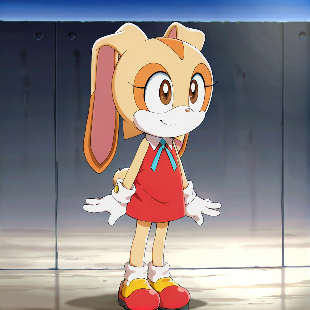 hi res, best quality, female, Score_9, score_8, score_7 BREAK, best anatomy, (solo), small body, young, petite, ultra detailed, short, (source_cartoon), (((show accurate))), (masterpiece), <lora:Cream_the_Rabbit:1>, cre@m_the_rabbit, furry, rabbit ears, two-tone fur, animal nose, brown eyes, orange dress, rabbit girl, white gloves, neck ribbon, blue ribbon, sleeveless, official style, rabbit tail, 1girl, standing, smile, posing,