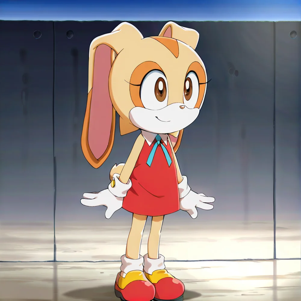 hi res, best quality, female, Score_9, score_8, score_7 BREAK, best anatomy, (solo), small body, young, petite, ultra detailed, short, (source_cartoon), (((show accurate))), (masterpiece), <lora:Cream_the_Rabbit:1>, cre@m_the_rabbit, furry, rabbit ears, two-tone fur, animal nose, brown eyes, orange dress, rabbit girl, white gloves, neck ribbon, blue ribbon, sleeveless, official style, rabbit tail, 1girl, standing, smile, posing,