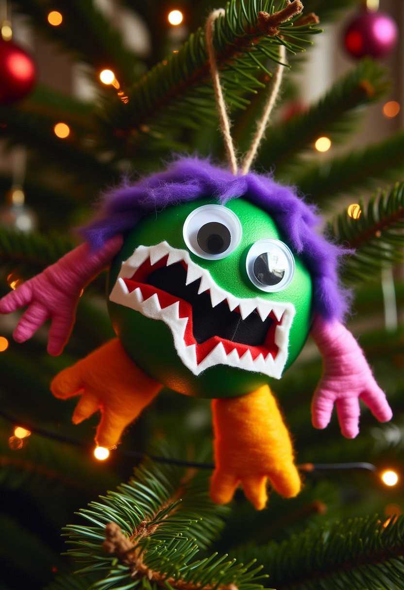 Photograph of a festive, whimsical, handmade Christmas decoration in the form of a frightening monster, created using basic crafting supplies, hanging on a Christmas tree.