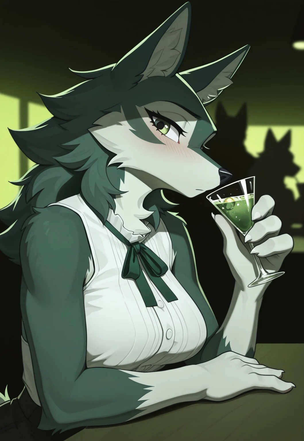 masterpiece, best quality, good quality, very awa, newest, highres, absurdres, highres, very aesthetic, (furry:1.5), fur, fur covered, (no humans:1.3), bycooliestylehigh, DS-Illu, hualidefengge,
BREAK,
1girl, female anthro wolf, floppy wolf ears, fluffy wolf tail, fluffy, green fur, gradient white and green fur, holding martini, sipping, medium breasts, ribbon clothing, covered, white blouse, sleeveless, cute, shy, assertive female, hand on table, looking at viewer, solo focus, upper body, black and green theme, 
BREAK, high contrast lighting, complementary colors, dynamic lighting, harsh light, depth of field, detailed background, evocative composition, dynamic contrasts
