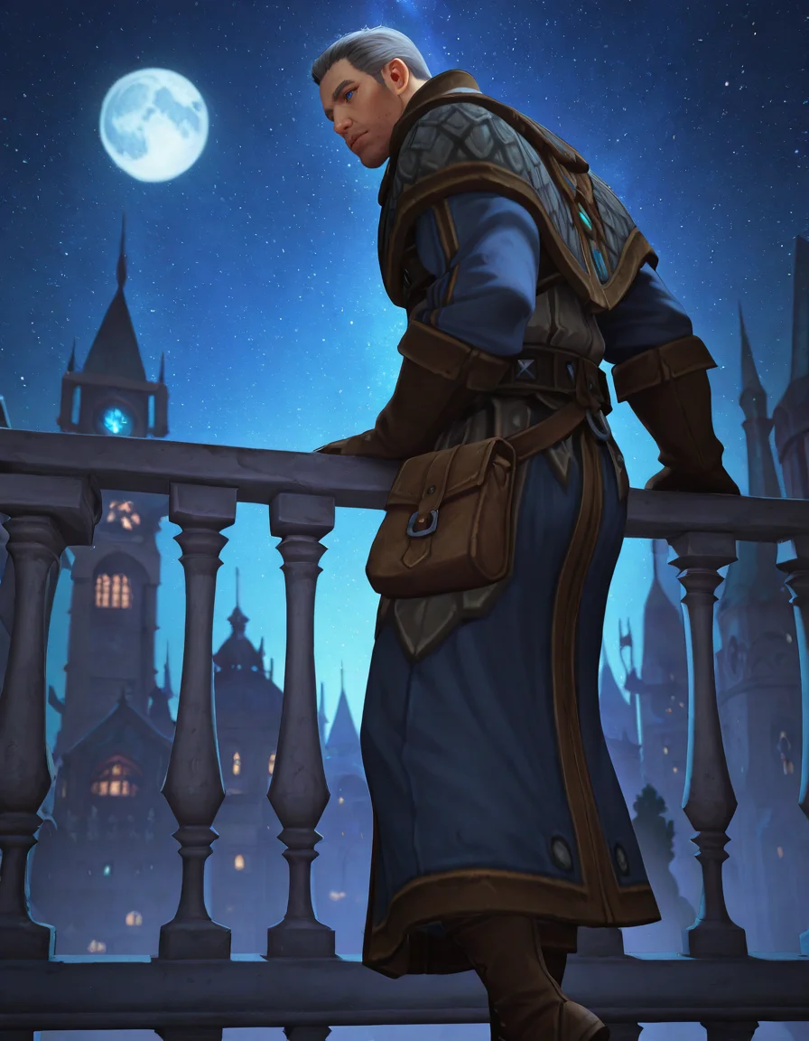 cinematic_depth, 8k, soft_lighting, warm_glow, ultra_high_quality, masterpiece, best quality, newest, perfect quality, intricate details, detailed background, male focus, realistic, solo, <lora:World Of Warcraft - Archmage Khadgar - Illustrious-000006:0.7> wow_khadgar, 1boy, mature male, grey hair, short hair, blue eyes, stubble, robe, brown gloves, belt, satchel, brown boots, on balcony, outdoors, magical city, night, moon, stars, leaning over railing, from behind, from side