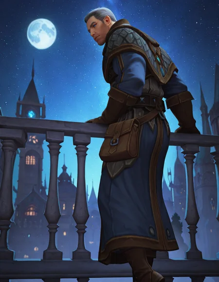 cinematic_depth, 8k, soft_lighting, warm_glow, ultra_high_quality, masterpiece, best quality, newest, perfect quality, intricate details, detailed background, male focus, realistic, solo, <lora:World Of Warcraft - Archmage Khadgar - Illustrious-000006:0.7> wow_khadgar, 1boy, mature male, grey hair, short hair, blue eyes, stubble, robe, brown gloves, belt, satchel, brown boots, on balcony, outdoors, magical city, night, moon, stars, leaning over railing, from behind, from side