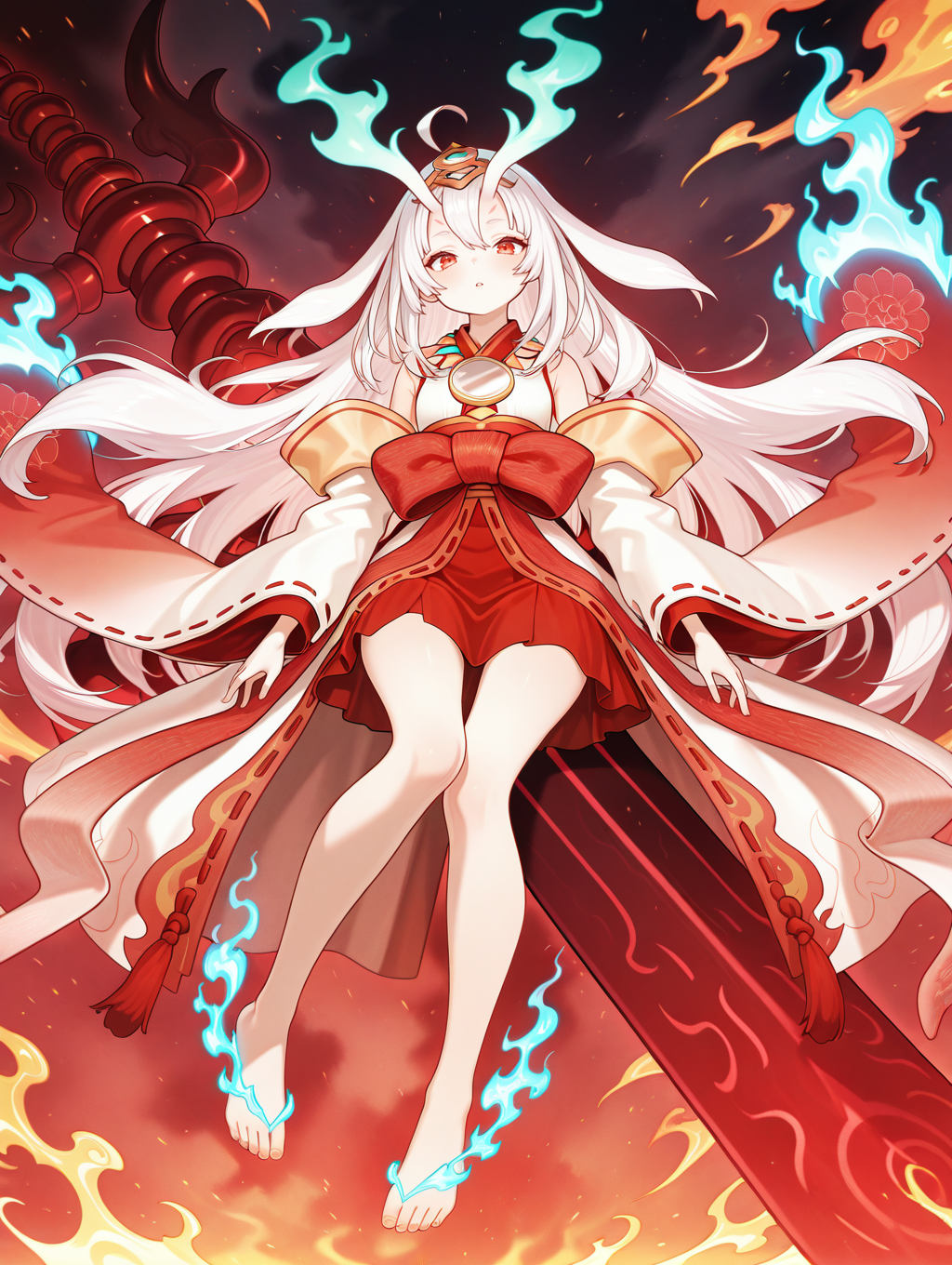 oni girl, kurikara divincarnate, 1girl, solo, barefoot, looking at viewer, fire, parted lips, white ribbon-trimmed sleeves, white sleeveless kimono, gold headpiece, mirror necklace, red bow, red hakama, blue fire, sitting on huge weapon, floating gigantic sword
masterpiece,best quality,amazing quality,very aesthetic,absurdres,newest,<lora:Kurikara Divincarnate illuXL v1:0.84>,