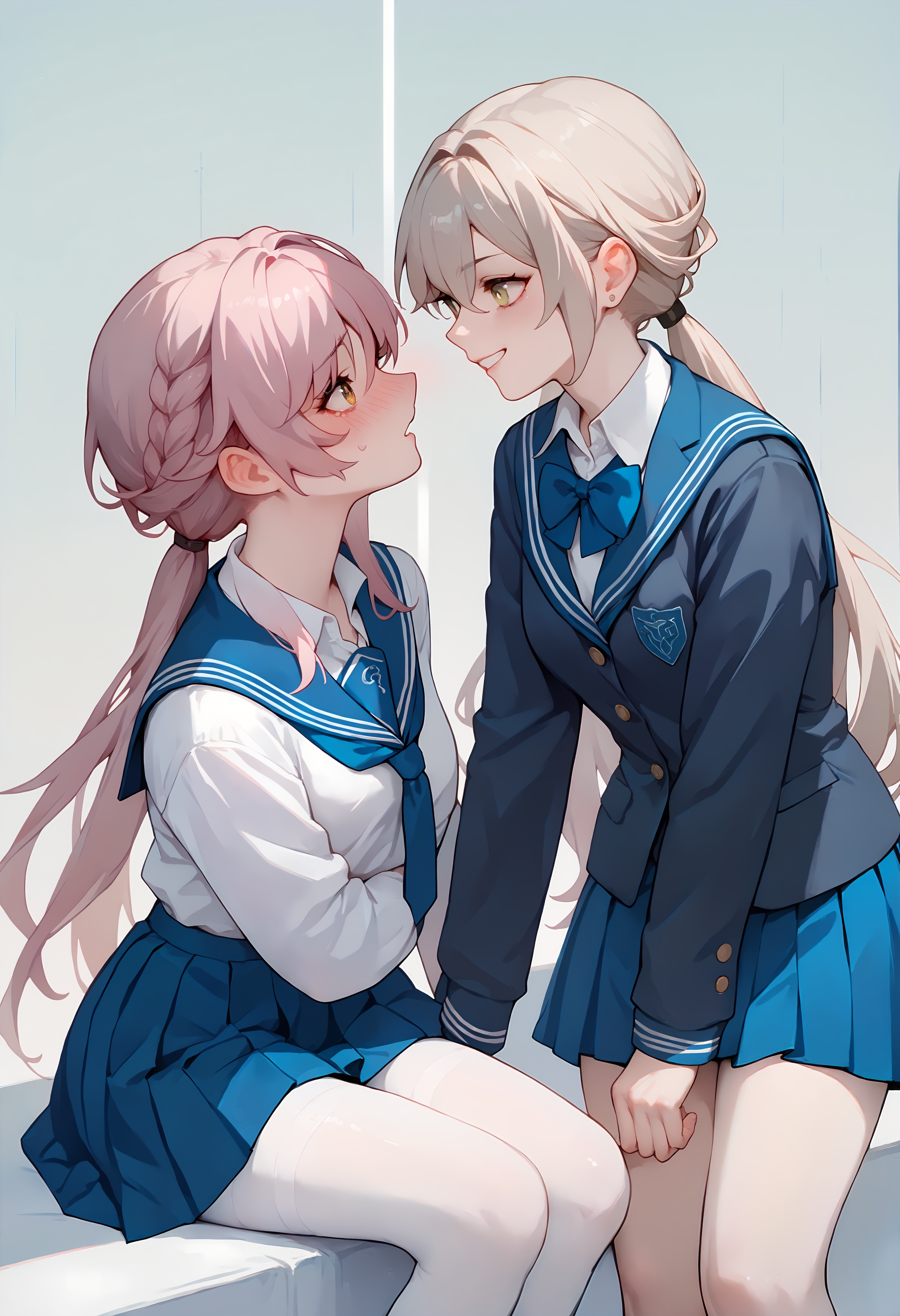 (score_9, score_8_up, score_7_up), 2girls, yuri, facing another, school uniform
BREAK 1girl, fuxuan, white pantyhose, blush, <lora:fuxuan-strPO-v1b:0.8>
BREAK 1girl, qingque, smile, <lora:qingque-strPO-v1b:0.8>