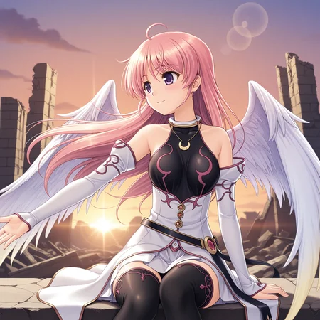 <lora:Eustia_Astraea_1_nai-000035:1>,Eustia Astraea,
official outfit,angel wings,black thighhighs,crescent necklace,gold trim,elbow gloves,detached sleeves,neck ring,black leotard,white dress,sleeveless dress,white skirt,miniskirt,black belt,white sleeves,
BREAK
1girl,solo,smile,looking to the side,front view,sitting,ruins,sunset,wind,floating hair,depth of field,lens_flare,facing to the side,outstretched arm,arm at side,