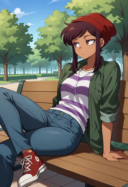 masterpiece, best quality, highres, BREAK, betaluz, 1girl, solo,dark-skinned female, brown eyes, brown hair, short hair, long bangs, red beanie, green jacket, open jacket, striped shirt, jeans, shoes, looking to the side, leaning back, arm support, crossed legs, sitting, on bench, cowboy shot, outdoors, park, trees, blue sky