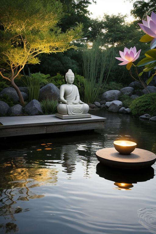 In a tranquil Zen garden illuminated by the first light of dawn, a living, breathing person, evoking the essence of Buddha, sits in deep meditation on a lotus in the midst of a serene pond. The morning sun casts a gentle glow, creating a soft halo around this individual. Surrounding them are bowls filled with water, each cradling floating petals, amplifying the atmosphere of peace