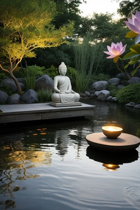 In a tranquil Zen garden illuminated by the first light of dawn, a living, breathing person, evoking the essence of Buddha, sits in deep meditation on a lotus in the midst of a serene pond. The morning sun casts a gentle glow, creating a soft halo around this individual. Surrounding them are bowls filled with water, each cradling floating petals, amplifying the atmosphere of peace