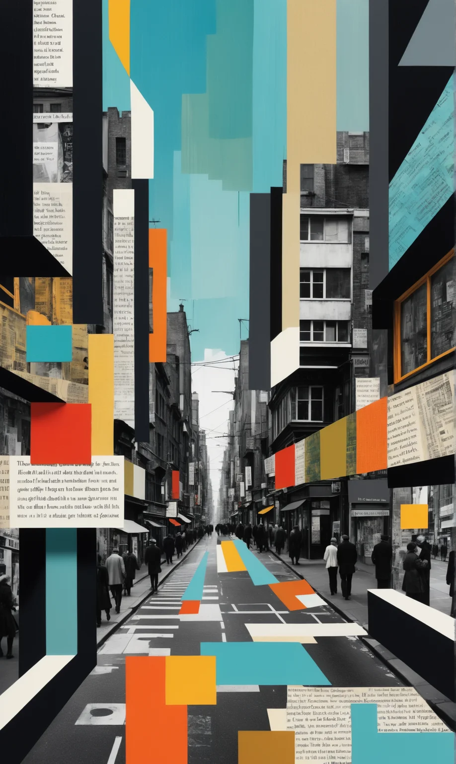 A chaotic cityscape filled with fragmented images and snippets of text, Mixed media collage, Experimental, inspired by [James Joyce | Leopold Bloom | Molly Bloom | Stephen Dedalus | Dubliners | A Portrait of the Artist as a Young Man], experimental, fragmented, literary, modernist, avant-garde, abstract.<lora:xl_more_art-full_v1:0.3>