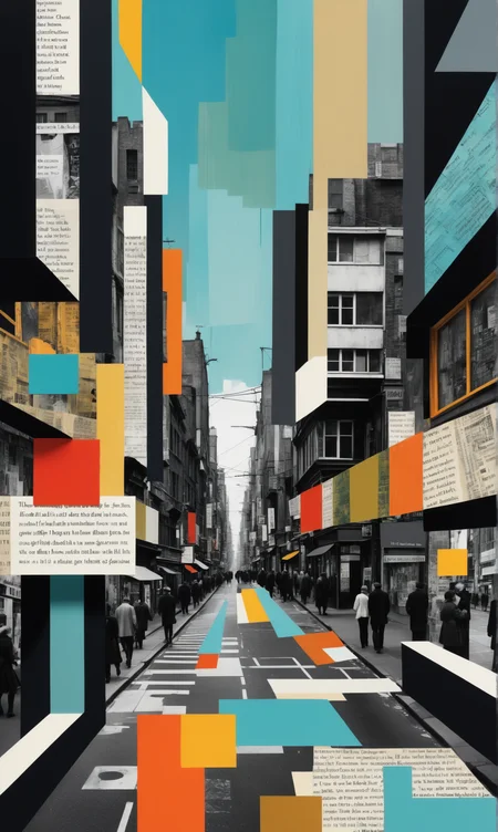 A chaotic cityscape filled with fragmented images and snippets of text, Mixed media collage, Experimental, inspired by [James Joyce | Leopold Bloom | Molly Bloom | Stephen Dedalus | Dubliners | A Portrait of the Artist as a Young Man], experimental, fragmented, literary, modernist, avant-garde, abstract.<lora:xl_more_art-full_v1:0.3>