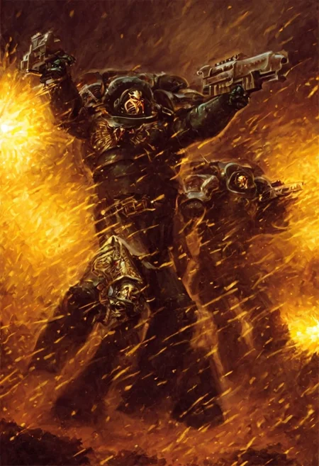 Score_9_up, absurdres, source: GamesWorkshop, grimdark, gothic horror, an adeptus astartes space marine in armor and helmet, he is firing a bolter gun