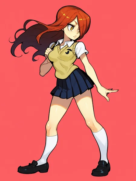 score_9, score_8_up, score_7_up, score_6_up, score_5_up, source anime, rating_explicit,
BREAK
<lora:Parasoul:1> parasoulschool, 1girl, solo, long hair, breasts, skirt, brown eyes, medium breasts, school uniform, standing, yellow eyes, pleated skirt, shoes, socks, kneehighs, white socks, sweater vest, aged down,