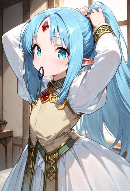 masterpiece, best quality, good quality, very awa, very aesthetic, absurdres, newest, high resolution,high quality,detailed,cute details, sharp focus, gr4ph1t3, beautiful eyes, perfect eyes, detailed eyes, 1girl, solo, reset_kalar_il ,pointy ears,blue hair,long hair,red gem forehead, cute dress, arms up, ponytail, tying hair, adjusting hair, mouth hold, hair tie in mouth, looking at viewer, parted lips, blush, very cute, closeup, indoors, fantasy