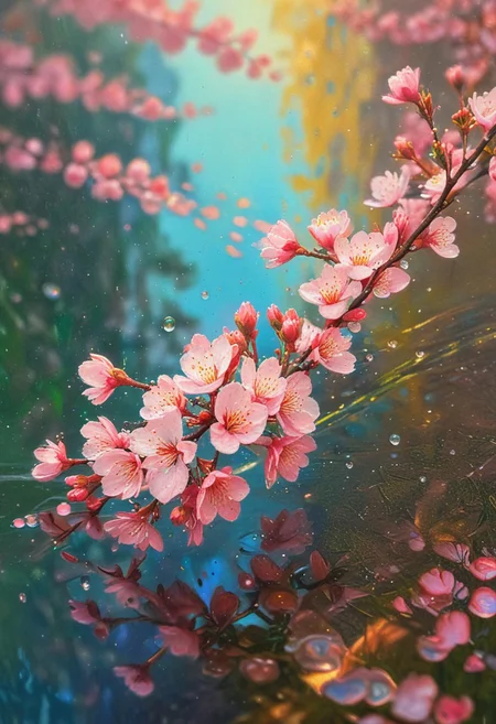 novuschroma32 style, close-up on pond surface, macro rain droplets, distorted cherry blossom reflections, vibrant pinks, water beads, bokeh effect, abstract impressionism, painterly