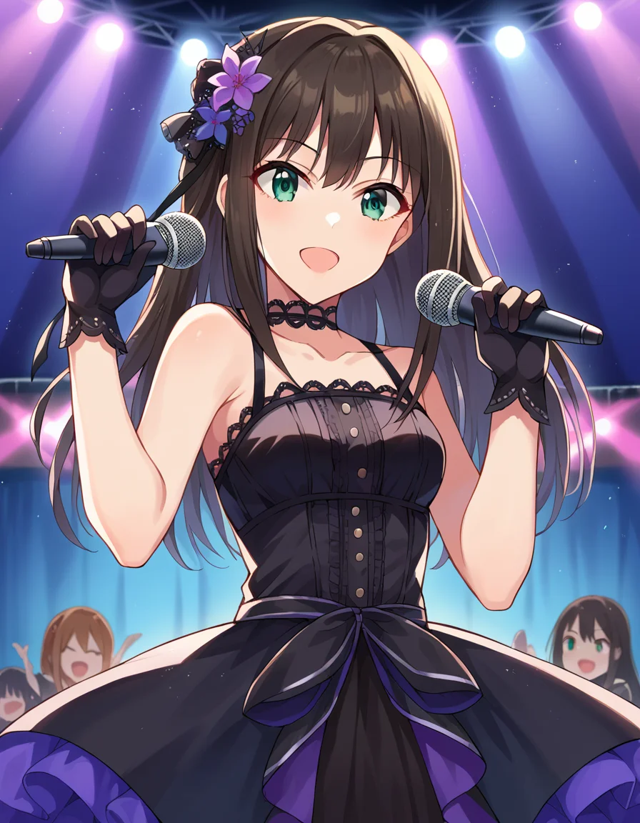 score_9, score_8_up, score_7_up, source_anime,
rinshibuya, <lora:rin-shibuya-ponyxl-lora-nochekaiser:1>,
rin shibuya, black hair, green eyes, long hair,
black gloves, black gothic dress \(idolmaster\), black ribbon, black shirt, choker, collarbone, gloves, hair flower, hair ornament, hair ribbon, idol, purple flower, ribbon, shirt, sleeveless, sleeveless shirt,
indoors, stage, stage lights, concert, audience, holding microphone, microphone, singing,
looking at viewer, dutch angle, cowboy shot,