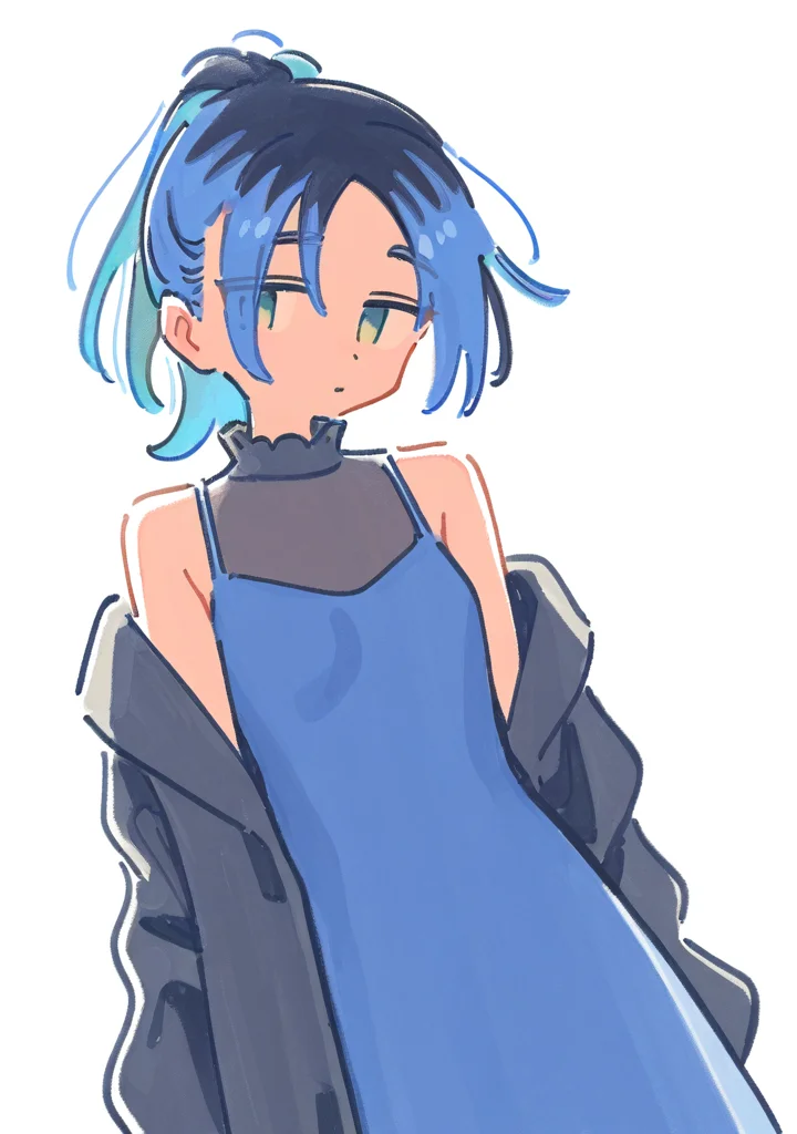 masterpiece, best quality, very aesthetic BREAK muji \(uimss\), 1girl, solo, eyes visible through hair, blue hair, long hair, jacket, ponytail, closed mouth, bare shoulders, off shoulder, looking at viewer, multicolored hair, bangs, sleeveless dress, white background, small breasts
<lora:noob-muji-nov07-step00002640:1>