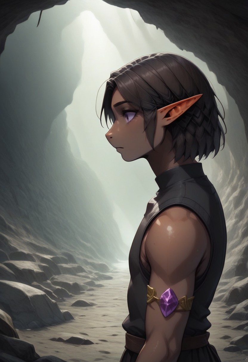 Repeta, 1 person, snout nose, solo, pointy ears, violet eyes, dark skin, dark brown hair, chin-length hair, parted hair, black sleeveless top, 
((crystal on arm, gemstone on arm, jewel on arm)),
organic cavern background,
Medieval style,
Bordered by rock walls, side view, 
Smooth colors, highly detailed face, clean lines, high quality, best quality, masterpiece, score: 9, score: 8 up, rating: safe, source: semi-realistic,