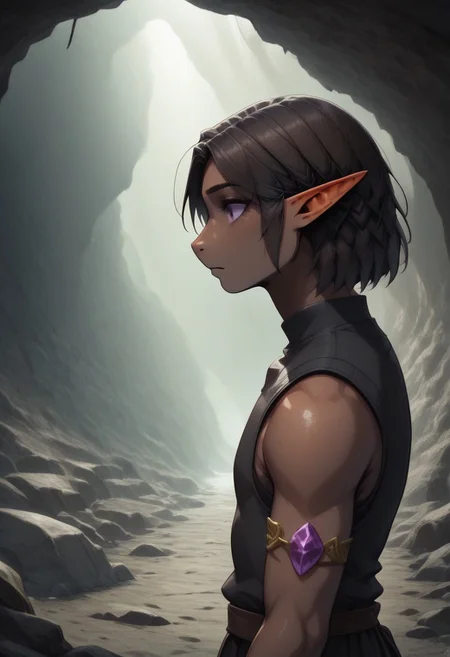 Repeta, 1 person, snout nose, solo, pointy ears, violet eyes, dark skin, dark brown hair, chin-length hair, parted hair, black sleeveless top,
((crystal on arm, gemstone on arm, jewel on arm)),
organic cavern background,
Medieval style,
Bordered by rock walls, side view,
Smooth colors, highly detailed face, clean lines, high quality, best quality, masterpiece, score: 9, score: 8 up, rating: safe, source: semi-realistic,