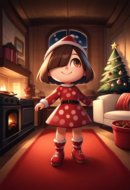 score_9, score_8_up, score_7_up, 1girl, solo, solo focus, acArtstyle, chibi, 1girl, smile,
short hair, brown hair, bangs, hair covering one eye, brown eyes,  hat, santa dress, polka dot dress, black belt, red shoes, polka dot shoes, Christmas 
chrlib, scenery, indoors, living room, night, oven, christmas tree, christmas ornaments, red carpet