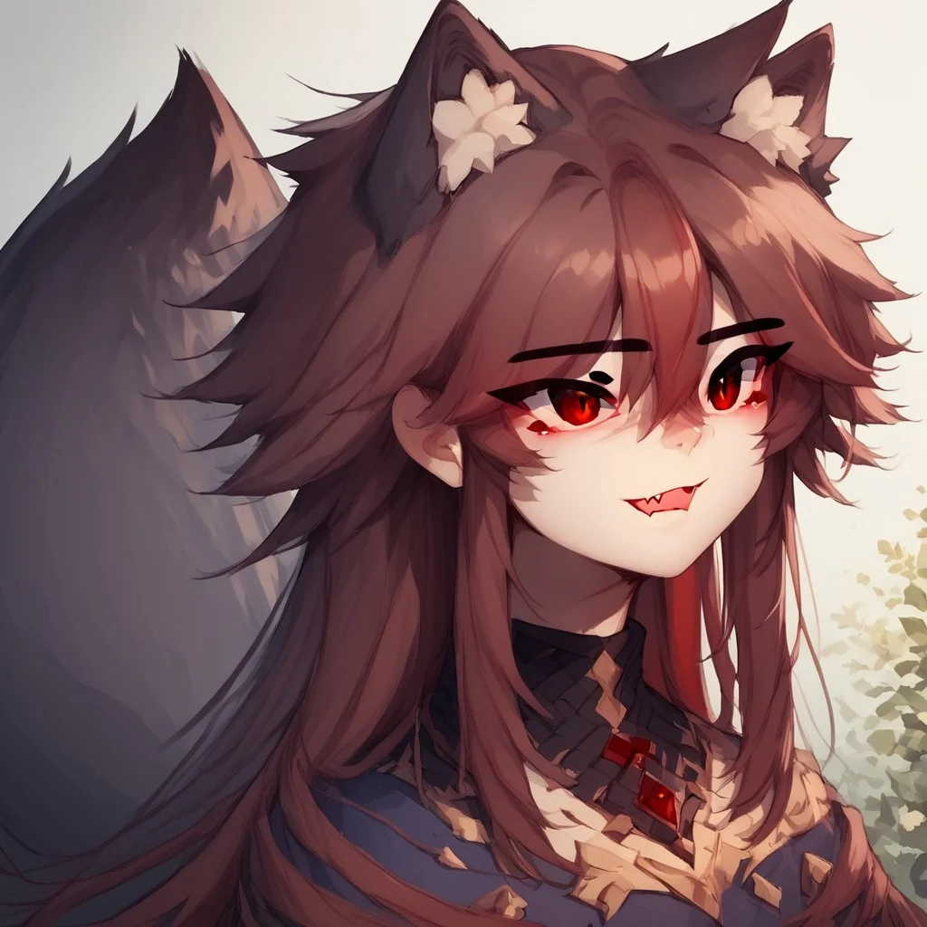score_9, score_8_up, score_7_up, score_6_up, score_5_up, score_4_up, masterpiece, high quality,Kluclew_Art,1girl,Crydiaa,brown hair, hair between eyes, eyes visible through hair, fang,red eyes, animal ears, wolf tail, tail, wolf ears, animal ear fluff, bangs,long hair, red hair