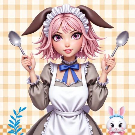 masterpiece,best quality,1girl,solo,absurdres,
1girl,pink hair,maid headdress,long sleeves,pink eyes,frills,apron,dress,puffy sleeves,bow,holding,short hair,blush,looking at viewer,bangs,juliet sleeves,blue bow,maid,creature,white apron,animal ears,plaid background,plaid,spoon,frilled apron,bowtie,solo,white dress,hands up,rabbit,food,character name,blue bowtie,maid apron,smile,
upper body,<lora:enskkt-illV1:1>,, flat chest