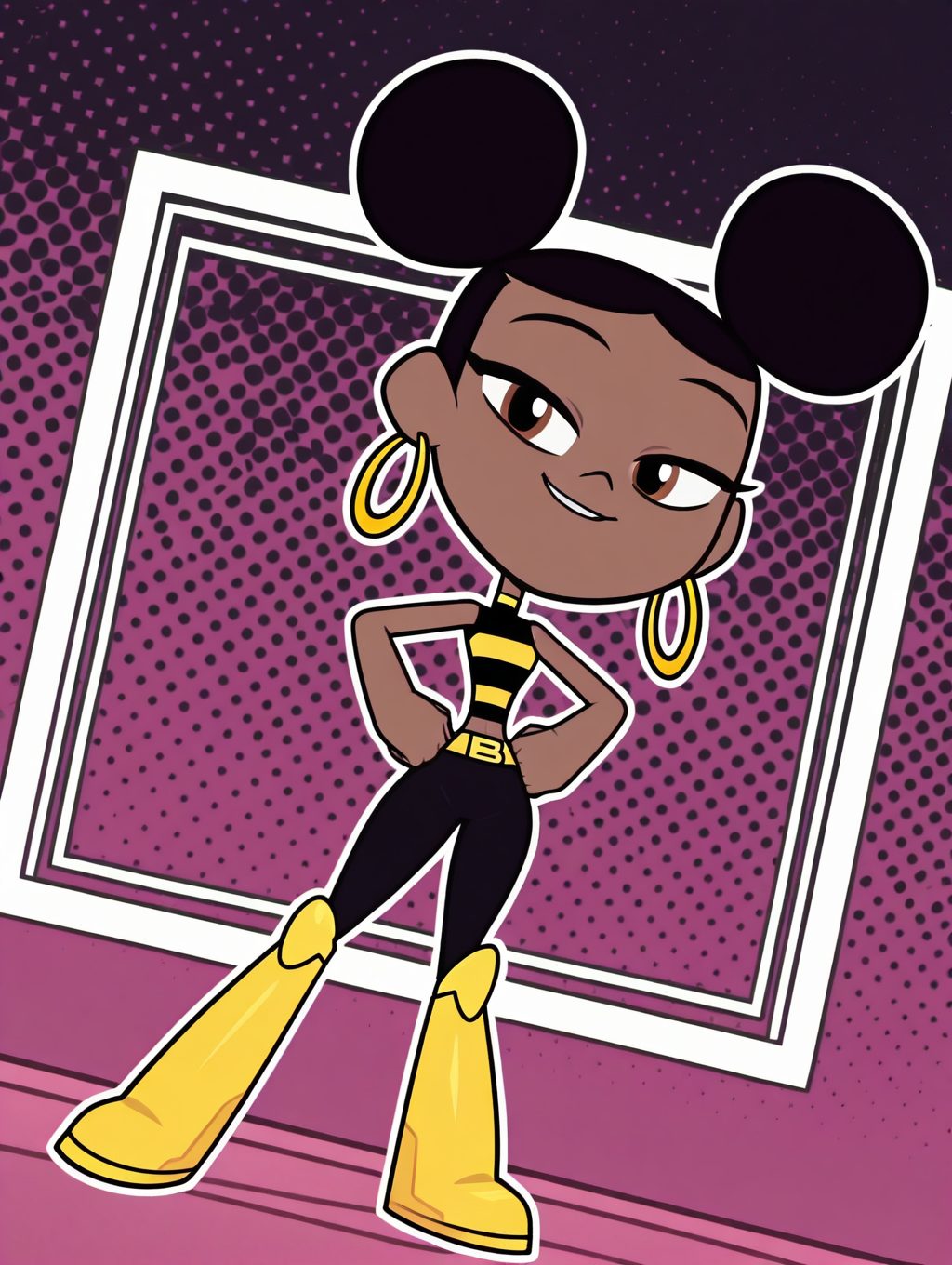 bumblebee, 1girl, solo, full body, dark brown skin, black hair, double buns hair, afro puffs, golden hoop earrings, turtleneck crop-top, black and yellow top, golden arm bands, golden belt, long pants, black leggings, yellow boots, (smile, dutch angle, Hands on hips,naughty pose, looking at viewer, solo, dynamic pose, full_body, head tilt,),(( dynamic halftone dot background, stylized background, White frame, Square frame, white outline))