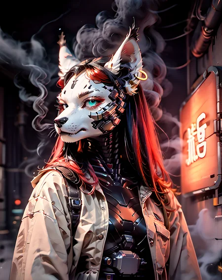 score_9, epic-Ultra-HD-details, epic-Ultra-HD-highlights, photo-same-realistic upscaled-resolution, source_pony, ultra-realistic, photo-quality, furry-characteristics, source_furry, 1girl, female, solo, miyu, furry, space pilot suit, ,beige trench coat, serious, looking at you, walking, side view, raining, noir film, neon lights, 43stl1ght1ng, low light, darkness, dramatic lighting, eye lighting, black room:1.2, smoke, <lora:43stl1ght1ngXLP2:1> <lora:Miyu_Swift_v2:.8>, Vintage, 1990s \(style\), <lora:OldAnimeStyle_XL_v3:.6>, cyberpunk, science fiction, robot, mecha, mechanical parts, cyborg, spine, mechanical, <lora:BioPunky:1>, ZPDXL