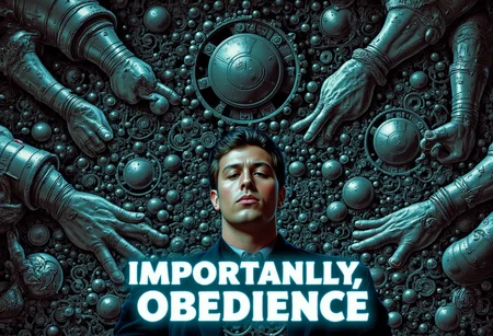 the words 'IMPORTANTLY, OBEDIENCE' written in large font fills the front of frame. In the back of frame weird man with in a dark room with checkerboard blue lotus PEOPLE ARE trapped inside machinery, people crushed inside mechanical gears, high gore arms crushed and bent, signs of wailing, people in business suits trapped in machinery. floors with blood on the ground with a white interior cyber tech electricity electical circuits illuminati symbols with brains and vaginas with high technology alchemical background lightning bolts
