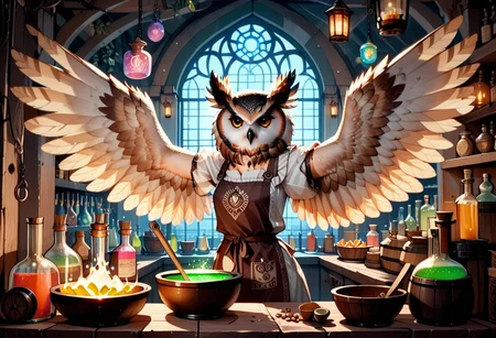 a 35mm photography of a beautiful woman, she is an owl-human hybrid, she works as an alchenist, she is in a dimly lit disorganised and dirty ancient wooden alchemy laboratory, she is wearing a grubby white blouse, brown leather trousers , brown leather apron, she has protective goggles on her forehead, potion brewing in a cauldron over a fire, shelves lined with mysterious colourful potions, her arms and hands are owl wings
owlfolk, wingarms, winged arms