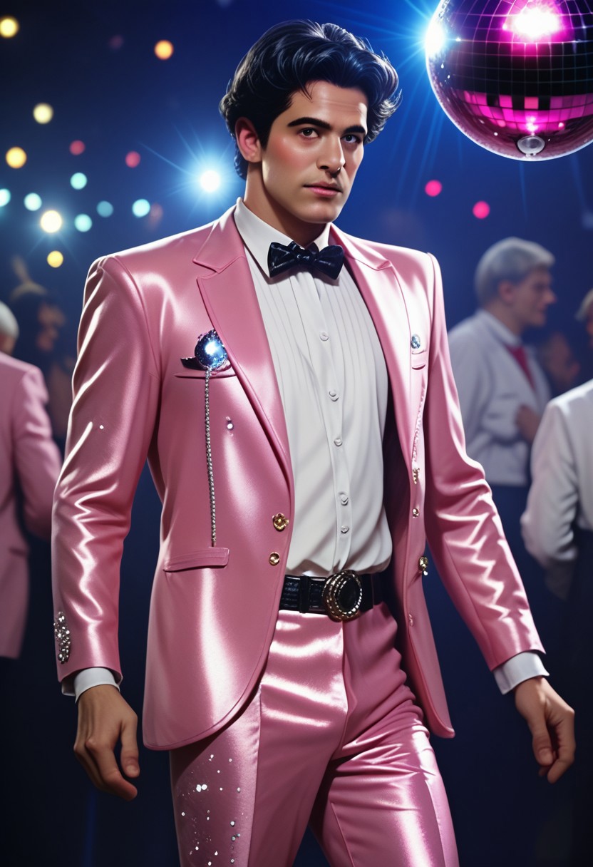 score_9, score_8_up, score_7_up, D4NC3RS,  A man in a glittery pink suit BREAK disco ball, night club, dancing, studio photography, detailed Nikon X3460, cinematic angle, cinematic lighting,