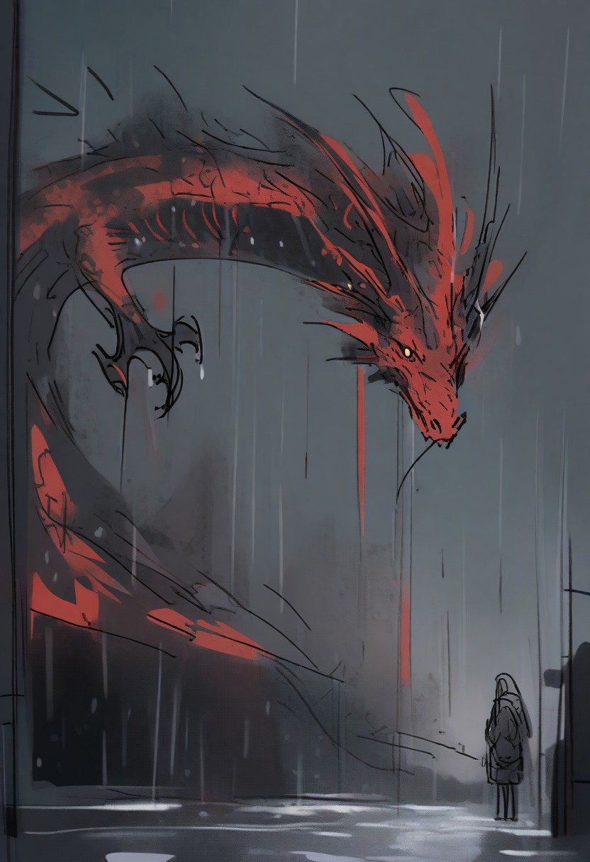 rain, art, red black, sketch, night, dragon,