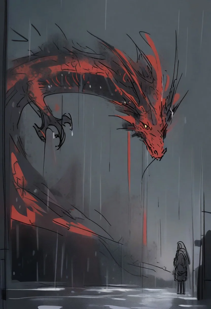 rain, art, red black, sketch, night, dragon,