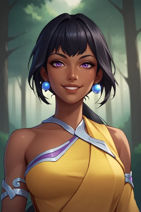 score_9, score_8_up, score_7_up, score_6_up, BREAK, NilahLoLXL, dark skin, colored skin, purple eyes, black hair, long hair, bangs, ponytail, sidelocks, earrings, medium breasts, bare shoulder, yellow dress, armlet, solo, front view, (portrait, upper body:1.1), solo focus, seductive smile, looking at viewer, forest, tree <lora:NilahLoLXL:0.8>
