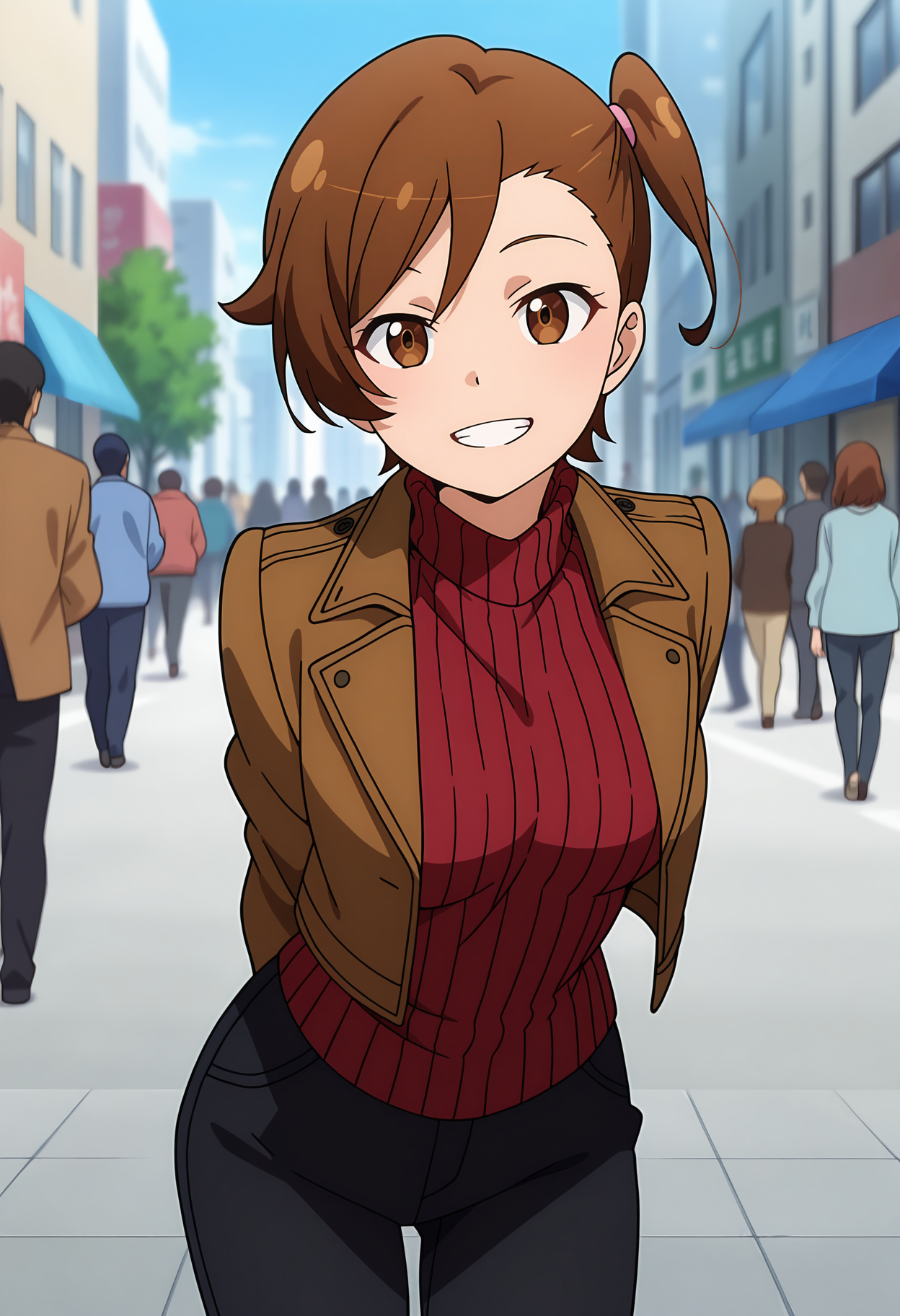 anime screencap, masterpiece, best quality,
<lora:GATE_KuribayashiShino_IlluXL:0.9>,
1girl, solo, grin, teeth, light smile,
asymmetrical hair, short hair, brown hair, brown eyes, side ponytail, hair tie,
open jacket, brown jacket, ribbed sweater, red sweater, black pants,
arms behind back, leaning, standing, looking at viewer, cowboy shot,
street, city, people, blue sky, day, blurry background