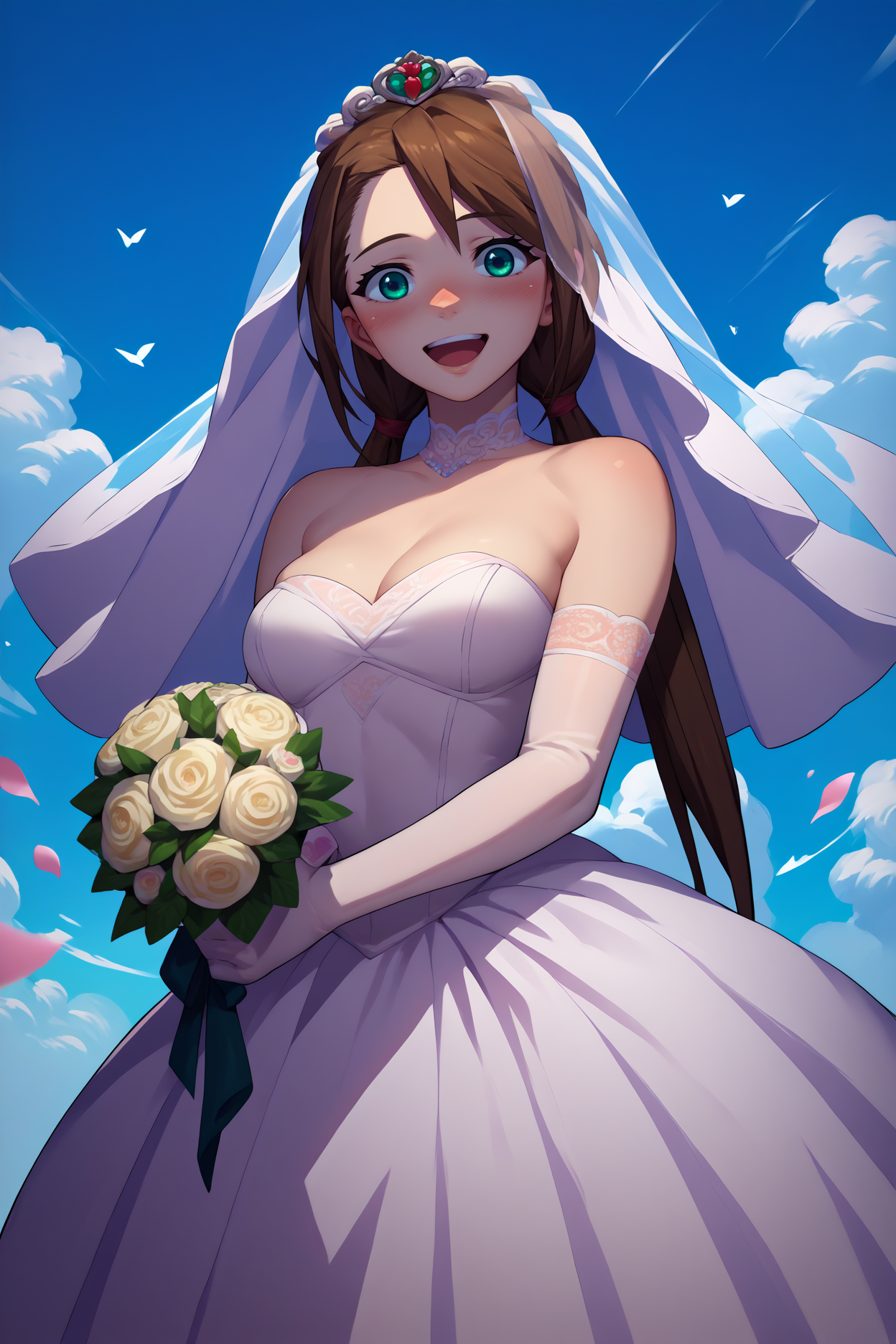 score_9, score_8_up, score_7_up, score_6_up, source_anime, 1girl, solo,  <lora:rnnae-pdxl-nvwls-v1-000005:1> tennoujinae, brown hair, low twintails, turquoise eyes, wedding dress, bridal veil, elbow gloves, breasts, looking at you, holding bouquet, blue sky, clouds, happy, open mouth, blush