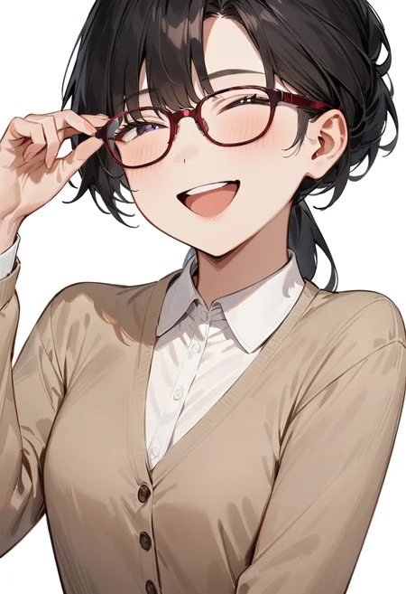 masterpiece, best quality, very aesthetic, absurdres,
1girl, solo, black hair, long hair,
Wellington22A, glasses, red-framed eyewear,
collared shirt, happy, smile, looking at another, adjusting eyewear, white background, simple background,
<lora:glasses_Wellington_cellframe1_SDXL_V1:0.8>