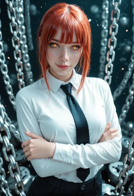 SmoothNoob_Quality,  dynamic composition, 1girl, solo, makima \(chainsaw man\), collared shirt, white shirt, black pants, crossed arms, head tilt, seductive smile, detailed eyes, looking at viewer, multiple metal chains, floating metal chains, abstract background, metal chains background, cowboy shot, dark background
<lora:Smooth_Booster:0.5>  <lora:SmoothStyle_Sigma:0.8>