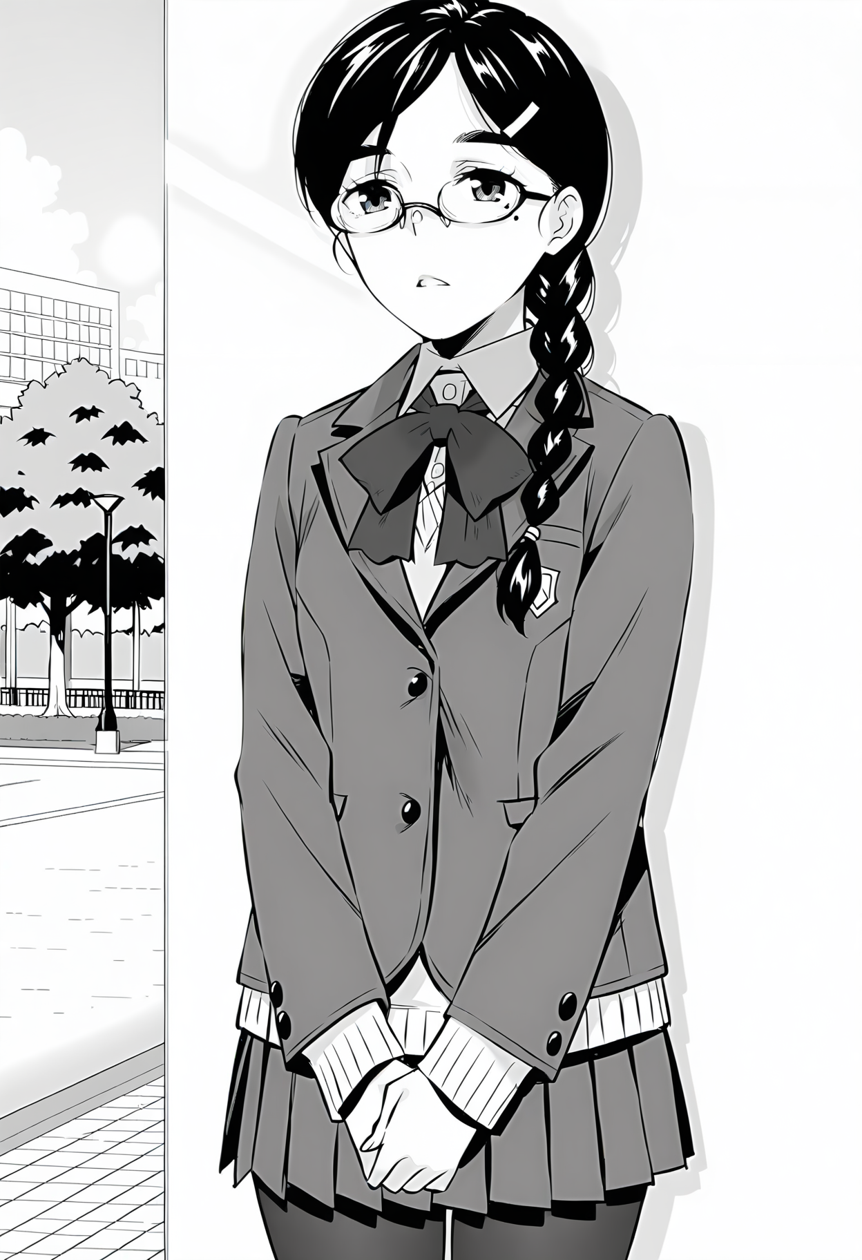detailed face, masterpiece, best quality, greyscale, monochrome, <lora:Ayaka Tsutamori [Illustrious] Majime de Midara na Tsutamori-san:1>, 1girl, solo, AyakaTsutamori, braid, long hair, hair ornament, mole, glasses, hair over shoulder, school uniform, blazer collared shirt, bow, pleated skirt, pantyhose, park, outdoors, blue sky, standing, own hands together, parted lips, solo focus,