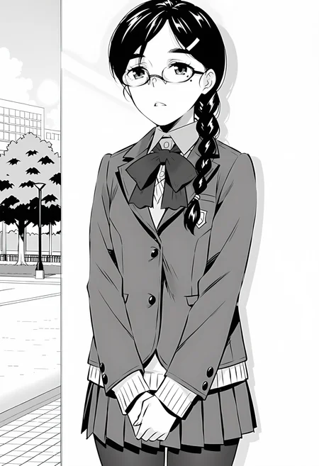 detailed face, masterpiece, best quality, greyscale, monochrome, <lora:Ayaka Tsutamori [Illustrious] Majime de Midara na Tsutamori-san:1>, 1girl, solo, AyakaTsutamori, braid, long hair, hair ornament, mole, glasses, hair over shoulder, school uniform, blazer collared shirt, bow, pleated skirt, pantyhose, park, outdoors, blue sky, standing, own hands together, parted lips, solo focus,