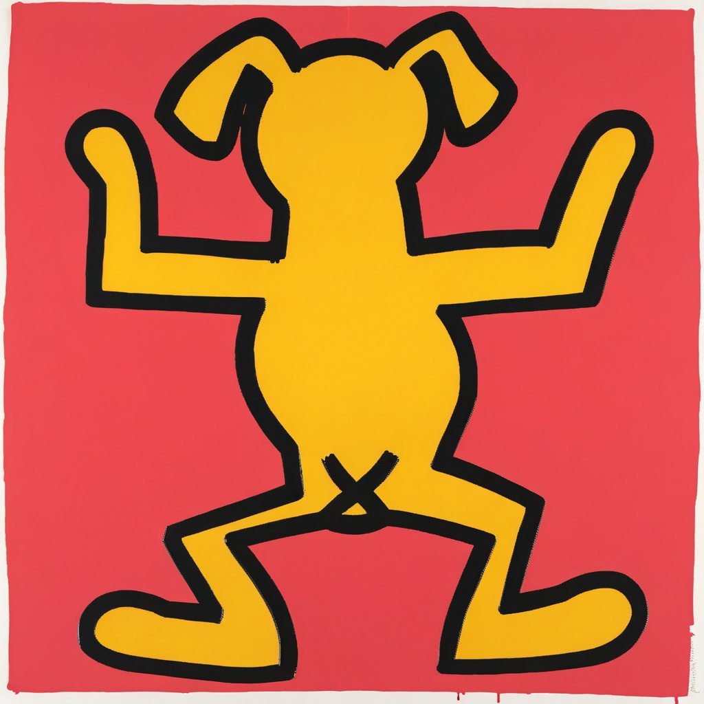 keithharingxl, a painting of a dog on a red background <lora:KeithHaringXL_v1:1>