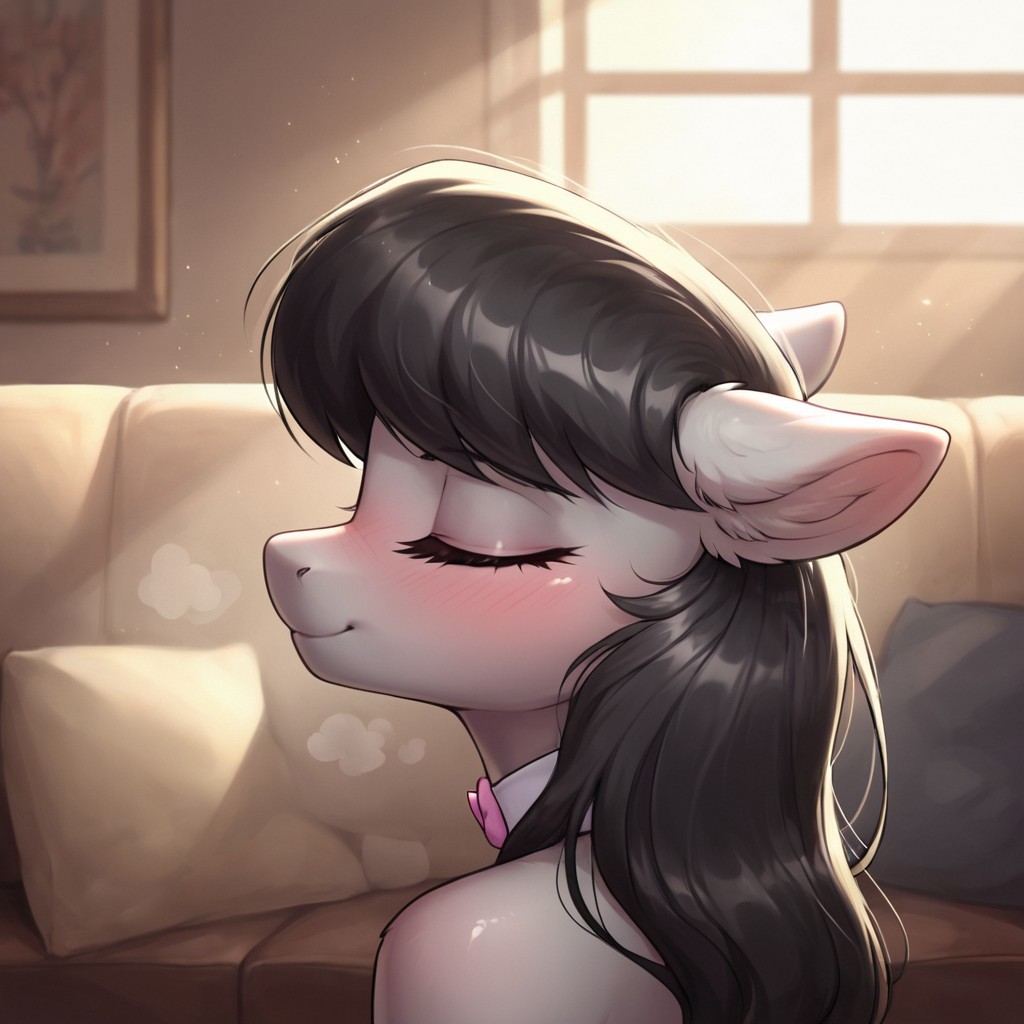 score_9, score_8_up, score_7_up, score_6_up, realistic illustration, dramatic angle, living room, sofa, indoors, close view, 1girl, solo, octavia melody, pony, (anthro pony), 18 yo, tail, petite body, shiny skin, seducing, blush, blushing, inviting look, erotic solo, dynamic pose, dramatic angle, sexy, upper body, head focus, side view, closed eyes, (head up), close-up, sun rays on face, hot breath,