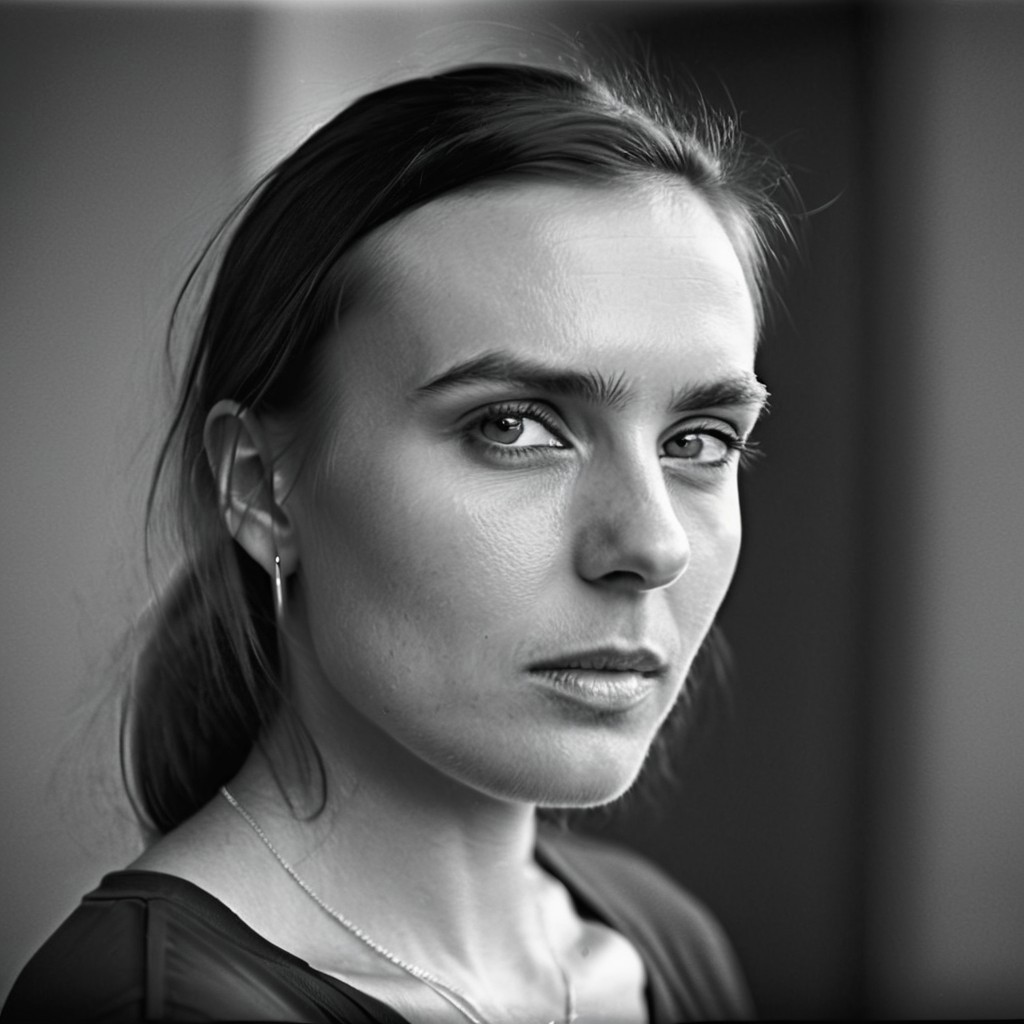 kiev80 A breathtaking, high-end black-and-white portrait of a 18-year-old woman, a vision of natural beauty and effortless elegance. Her face is the absolute focal point—her deep, expressive eyes radiate warmth and mystery, while her delicate features and flawless skin are illuminated by masterful chiaroscuro lighting. Every detail is captured with precision: the gentle curve of her lips, the soft glow on her cheekbones, and the way the light and shadow sculpt her face, creating a timeless, almost cinematic allure. Her expression is both captivating and inviting, evoking a sense of intimacy and admiration. The background is minimalist and softly blurred, ensuring undivided attention on her radiant presence. Inspired by the iconic works of Peter Lindbergh, Richard Avedon, and Helmut Newton, this portrait exudes sophistication, depth, and an irresistible charm that makes her unforgettable.