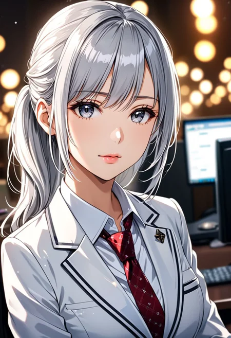 (anime, masterpiece, intricate:1.3), (best quality, hires textures, high detail:1.2), (4k),(incredibly detailed:1.4), perfect anatomy, graceful face, slim, grey eyes, flat chest, constricted waist, high pointed nose, (nostrils:1.3), neatly drawn nose, adult, beautiful fingers, school white uniform, cute girl, white hair, side ponytail, gorgeous lips, grey eyes, shiny skin, office lady, white suit, tie, 1girl
UHD, 8K, ultra detailed, a cinematic photograph of HDR photo, The camera is at a high angle, capturing her intense gaze., high quality photography, 3 point lighting, flash with softbox, 4k, hdr, sharp focus, high resolution, f2.8, bokeh . High dynamic range, vivid, rich details, clear shadows and highlights, realistic, intense, enhanced contrast, highly detailed, ((Glamour Shot)), beautiful lighting, great composition